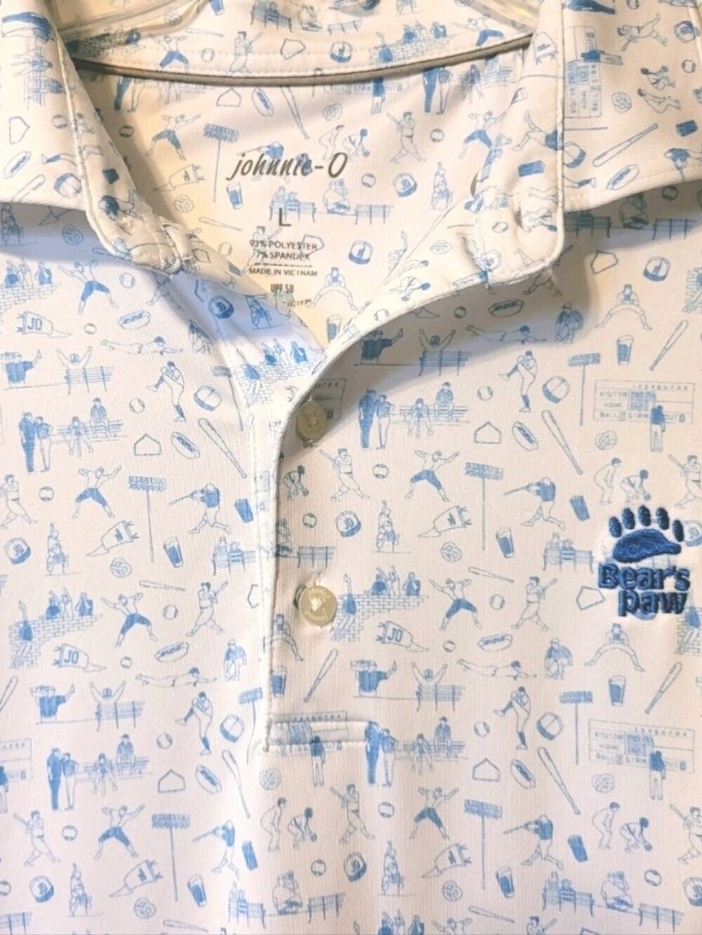 johnnie-O Golf Polo Mens Large Baseball Print Bear's Paw Logo Activewear Stretch